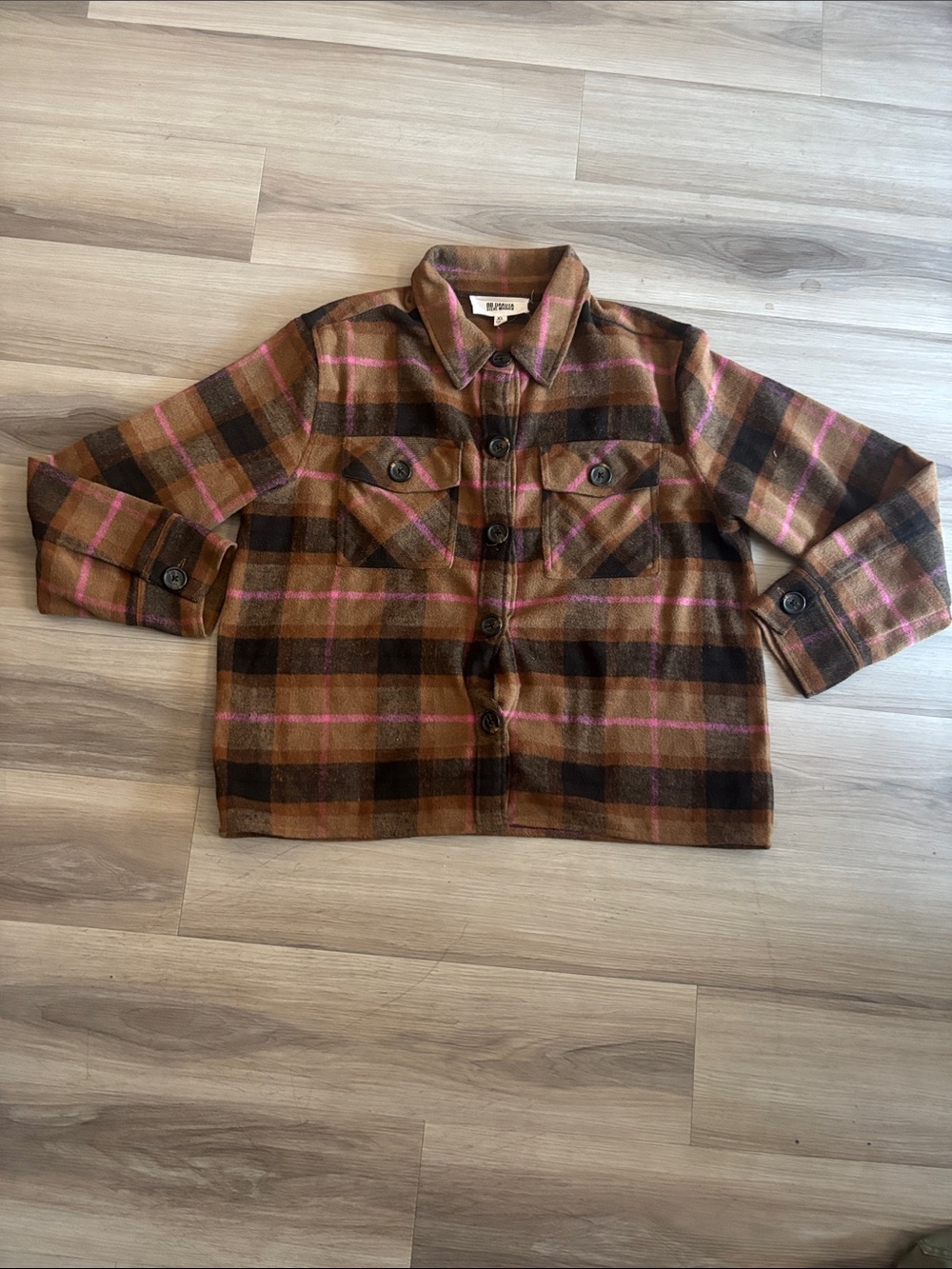 BB Dakota by Steve Madden Brown and Pink Plaid Button-Front Shacket